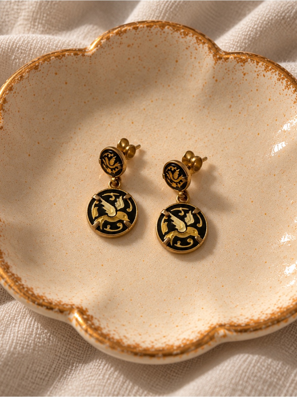 Gold and Black Enamel Drop Earrings